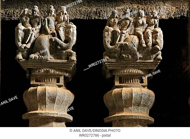 Decorative pillars in Karla caves in 2nd century B.C. , Lonavala , Maharashtra , India