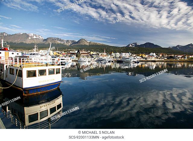 The harbor at Ushuaia, Argentina on a very rare calm and sunny day Ushuaia claims to be the southernmost city in the world