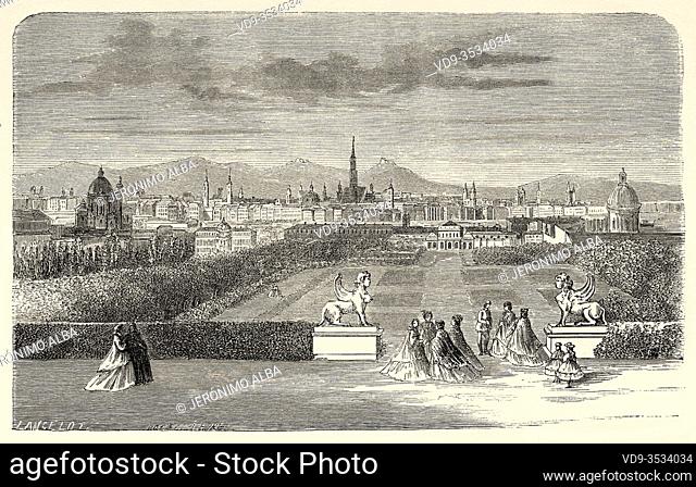 View of Vienna from Belvedere palace gardens, Austria Europe. Old 19th century engraved illustration, Le Tour du Monde 1863
