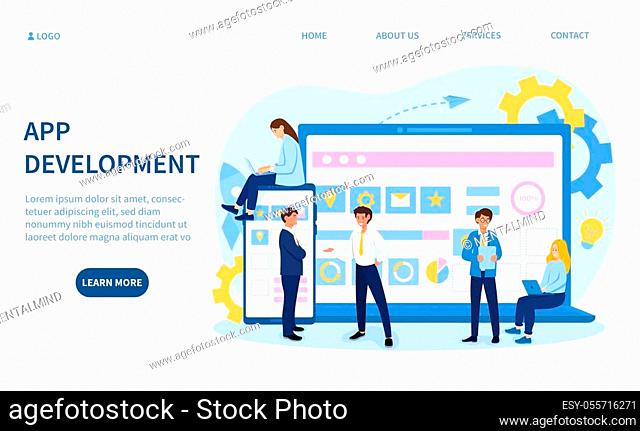 App development with various coders or developers in discussion in front of a laptop screen and mobile phone, colored vector illustration with copy space