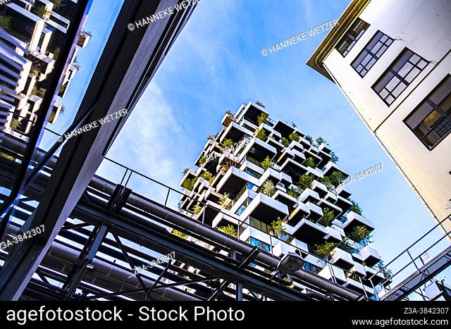 Brand new architecture with trees on balconies at Strijp-S, Eindhoven, The Netherlands, Europe