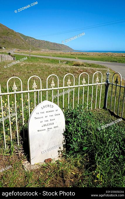 Palliser Bay, North Island, New Zealand. Memorial to twelve crewmen of the wrecked ship Zuleika (1144 g.t.) who died April 1897