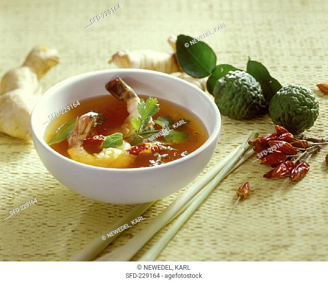 Hot and sour shrimp soup with chili and kafir limes