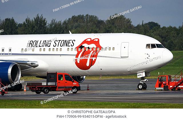 The aeroplane carrying the British rock band the Rolling Stones on their current tour after landing in Hamburg, Germany, 6 September 2017