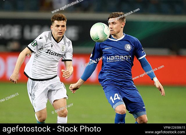 PAOK's Thomas Murg and Gent's Alessio Castro Montes fight for the ball during a soccer match between Belgian KAA Gent and Greek PAOK Thessaloniki