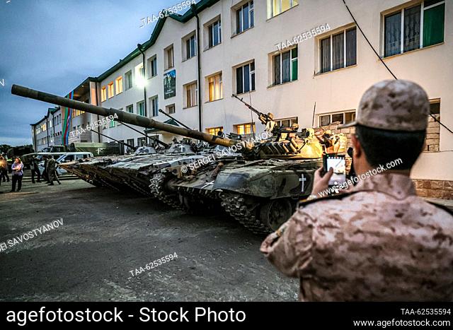 AZERBAIJAN, SHUSHA - SEPTEMBER 23, 2023: Captured T-72 tank and BMP-2 amphibious infantry fighting vehicles are pictured in a street