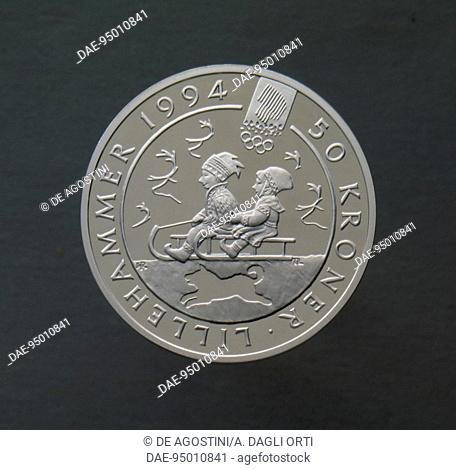 50 kroner silver coin commemorating the 1994 Winter Olympic Games in Lillehammer, issued in 1992, reverse depicting children on a sled