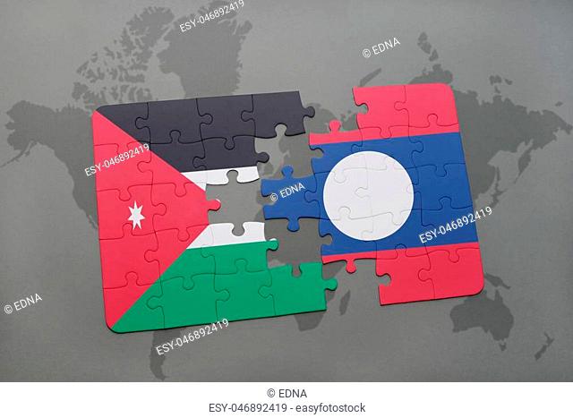 puzzle with the national flag of jordan and laos on a world map background. 3D illustration