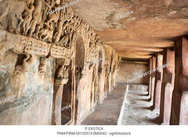 Ruins of verandah at an archaeological site, Udayagiri and Khandagiri Caves, Bhubaneswar, Orissa, India