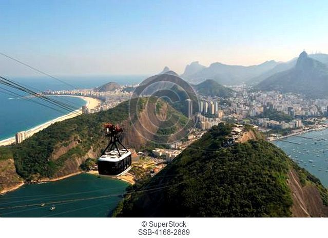 Brazil, Rio De Janeiro, View From Sugarloaf Mountain Towards Corcovado Right, Vermelha Beach Below And Copacabana Beach Left, Cabel Car