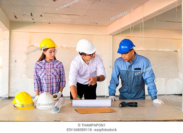 Multiethnic Business Team Engineer Diverse Group working or Discussing with Team Leader and Colleague to Finish Construction project