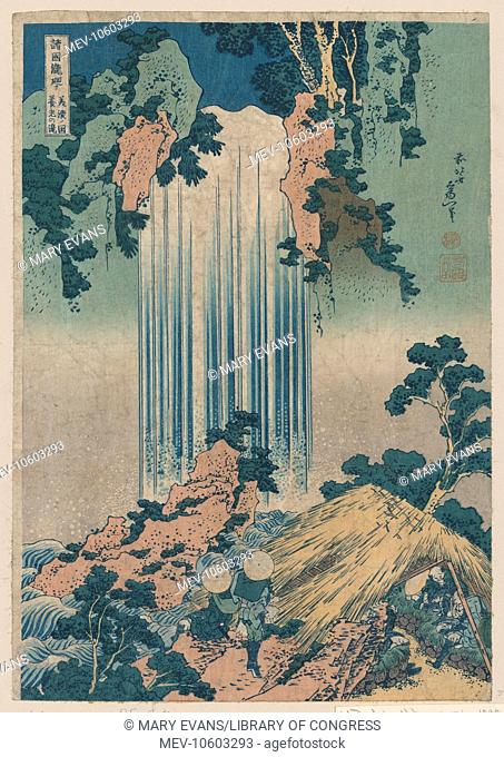 Yoro waterfall in Mino Province. Print shows two travelers looking at waterfalls while other travelers rest at a nearby shelter