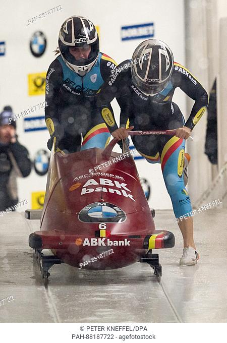 The Belgian bobsleigh team with An Vannieuwenhuyse (front) and Nel Paulissen in action during the 1st two-women run of the FIBT World Championship 2017 in...