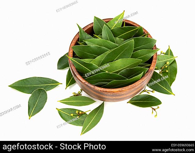 Fresh bay leaves in wooden bowl isolated on white background, top view