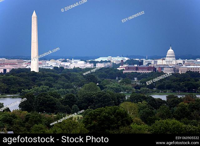 The US Capitol and Washington Monument seen from Arlington, Virginia