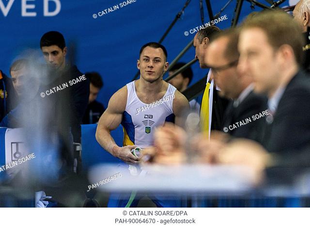 Igor Radivilov (UKR) after his performance on the rings during the Men's Apparatus Finals at the European Men's and Women's Artistic Gymnastics Championships in...