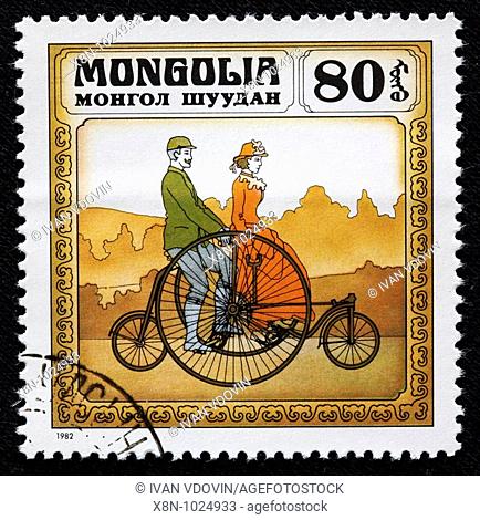 Old bicycle, postage stamp, Mongolia, 1982