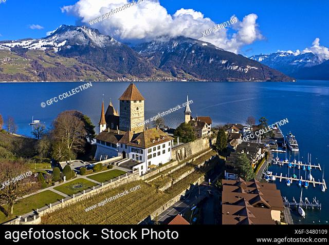 Spiez Castle located on a peninsula at Lake Thun, Thunersee, Spiez, canton of Bern, Switzerland