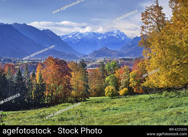 Autumn landscape above the Murnauer moss with Zugspitze group near Hagen, district of Murnau, The Blue Land, Upper Bavaria, Bavaria, Germany, Europe
