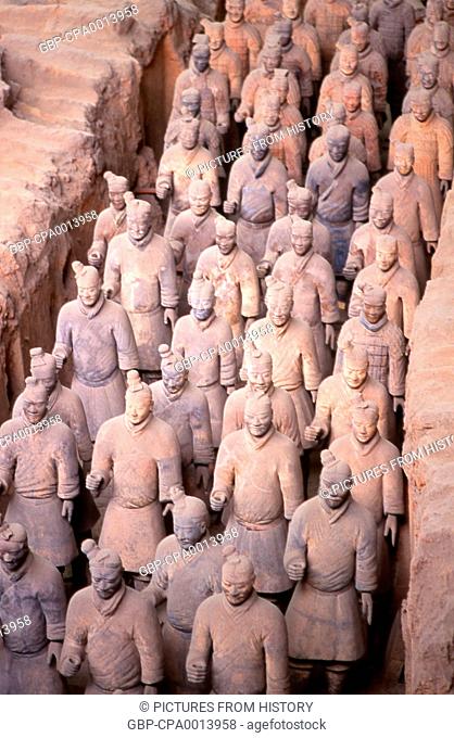 China: Warrior from the terracotta army guarding the tomb of Qin Shi Huang, first emperor of a unified China (r. 246-221 BCE), near Xi'an