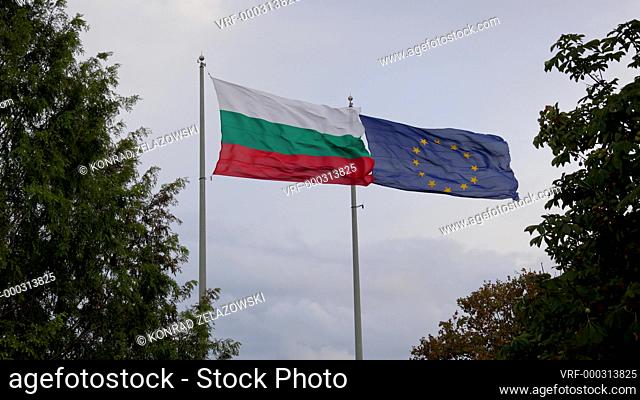 Flags of EU and Bulgaria in Sea Garden park in Burgas city on Black Sea coast in Bulgaria