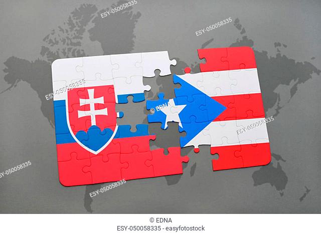 puzzle with the national flag of slovakia and puerto rico on a world map background. 3D illustration