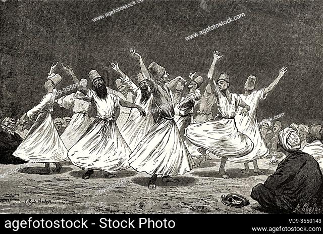 Whirling Dervishes in the 19th century at Cairo, Ancient Egypt. Old 19th century engraved illustration, El Mundo Ilustrado 1880