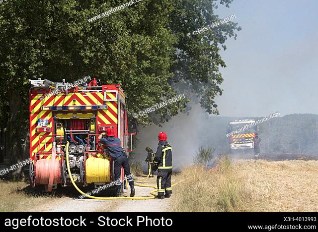 Firefighters extinguishing a stubble fire in a field already harvested, Eure-et-Loir department, Centre-Val-de-Loire region, France, Europe