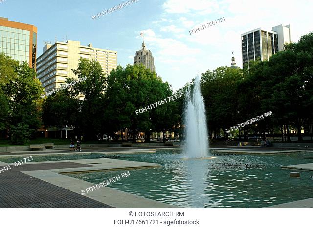 Fort Wayne, IN, Indiana, downtown, public plaza, fountain, skyline