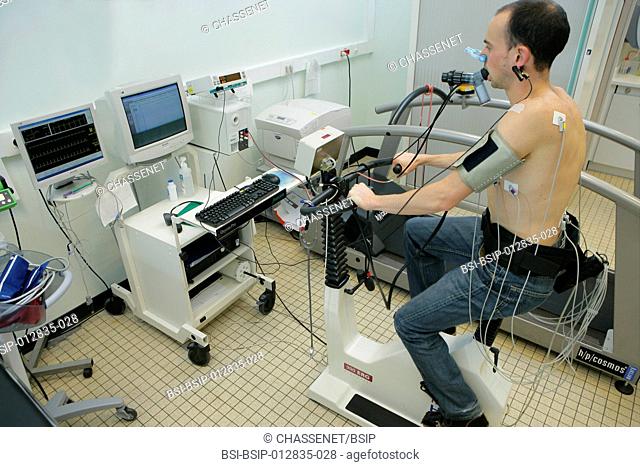 Photo essay at Caen hospital in France. Pulmonary function testing: exercise test