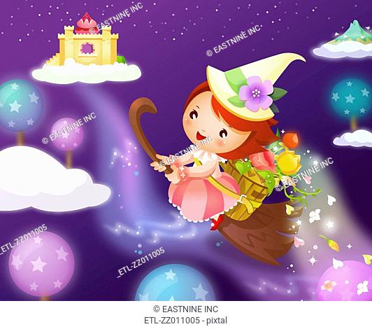 Girl flying on a broom and carrying flowers in a basket