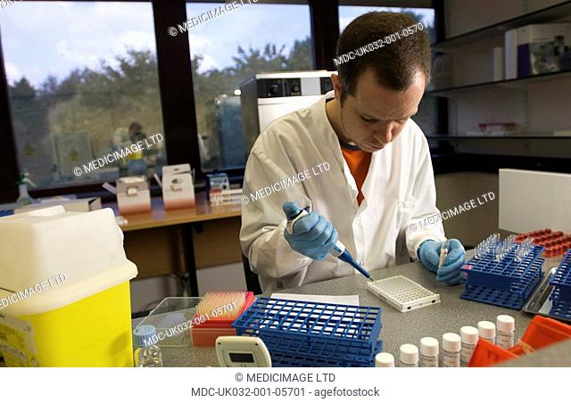 A scientist takes a sample from a series of vials containing saliva, to be placed into a test plate, ready for adrenal stress profile tests to be carried out
