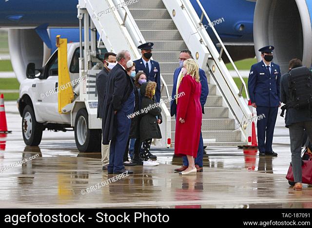 MOLINE, ILLINOIS - APRIL 19, 2021: Dr. Jill Biden, First Lady of the United States of America and Education Secretary Miguel Cardona arrive on Air Force Two at...