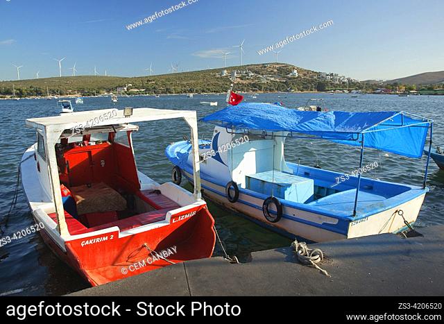 Traditional fishing boats moored inside the harbor at the center of Sigacik village with the wind turbines at the background, Seferihisar, Izmir, Aegean Region