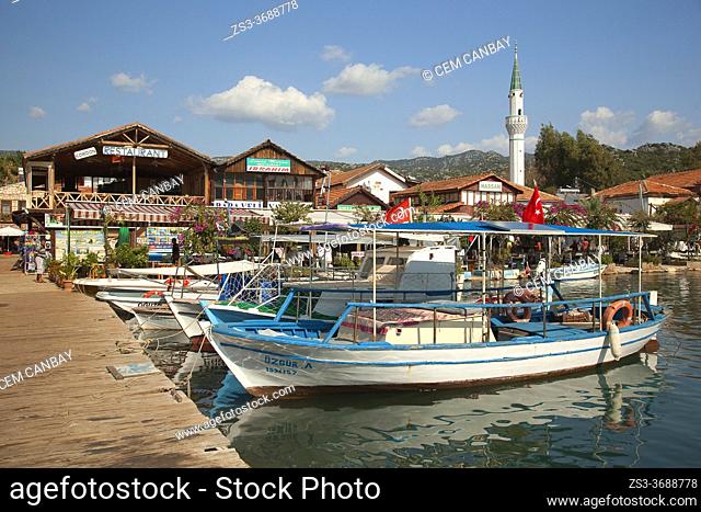 View to the fishing boats at the harbor of Ucagiz-ÜçaÄŸÄ±z with the traditional houses at the background, Demre, Antalya Province, Mediterranean Coast