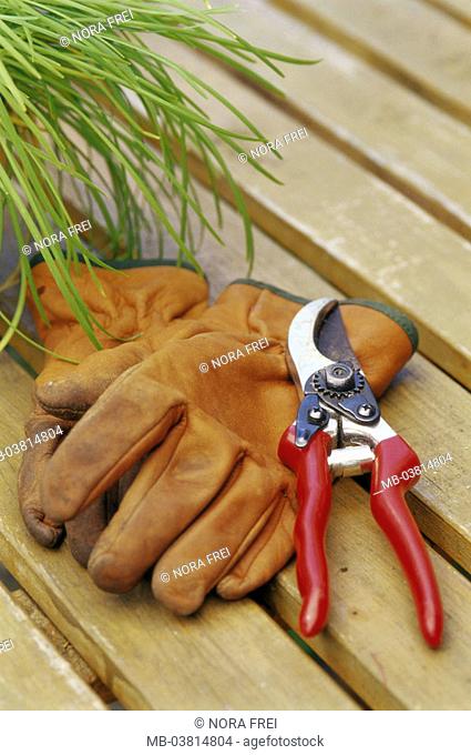 Wood table, chive, Gartenschere, Work gloves,  Leisure time, hobby, gardening, workbench, table, garden appliance, garden tool, garden utensils, rose scissors