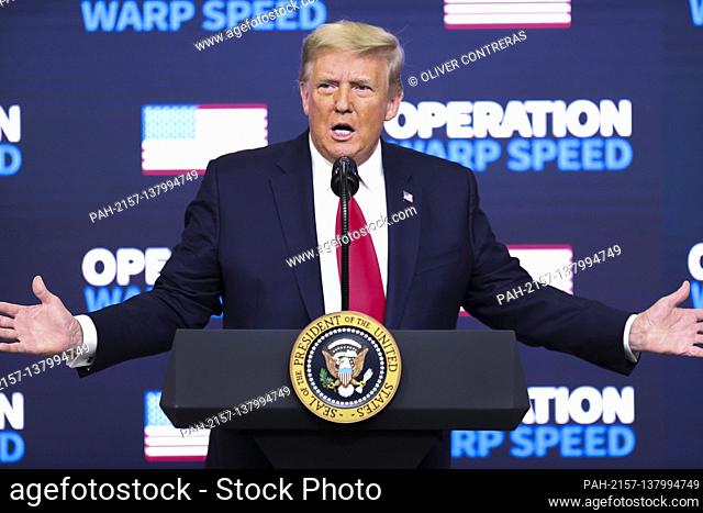 United States President Donald J. Trump speaks during an Operation Warp Speed Vaccine Summit in the South Court Auditorium of the of the Eisenhower Executive...