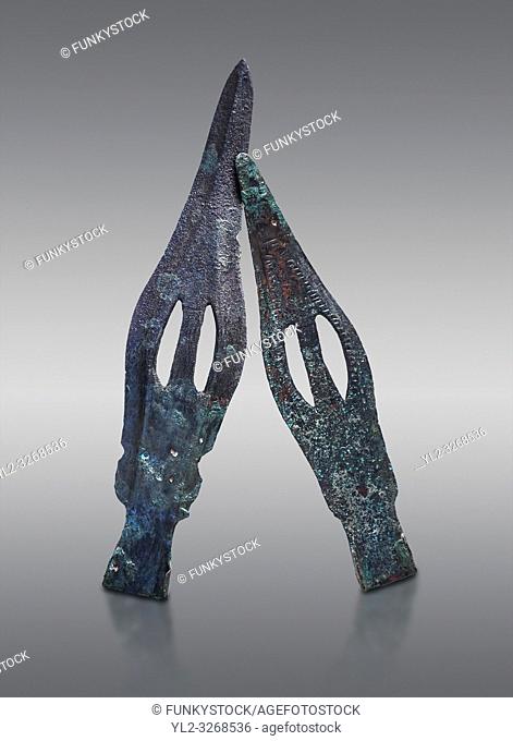 Hittite bronze spear heads. Hittite Period 1650 - 1450 BC, Ortakoy Sapinuva . Çorum Archaeological Museum, Corum, Turkey