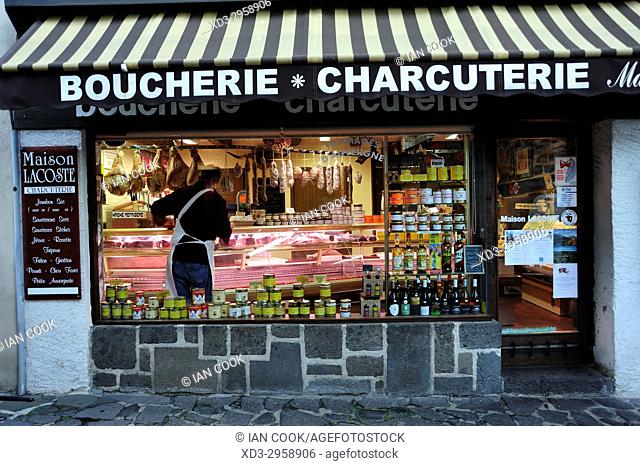 front of butcher shop, Salers, Cantal Department, Auvergne, France