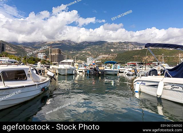 Budva, Montenegro: Boats and yachts anchored at harbour in the town of Budva, Montenegro. Luxury travel destination with beatuiful beaches at Adriatic sea