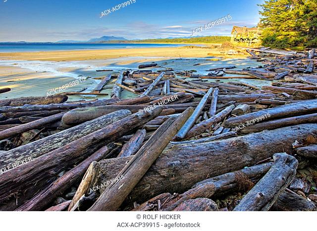 Wickaninnish Interpretive Centre and driftwood strewn along Wickaninnish Beach, Wickaninnish Bay, Pacific Rim National Park, Long Beach Unit