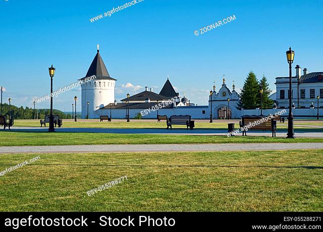 The view of the Red square with the Tobolsk Kremlin on the background. Tobolsk. Siberia. Russia