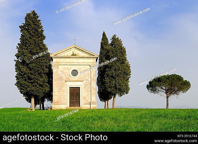 Vitaleta Chapel (Cappella della Madonna di Vitaleta) San Quirico d'Orcia. Orcia Valley. World Heritage. UNESCO. Tuscany. Italy