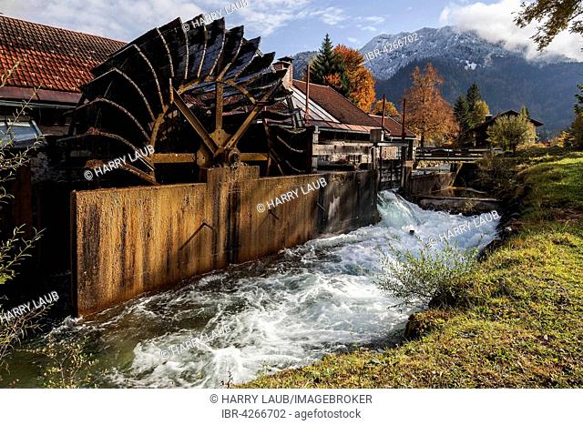 Historical hammer mill, water wheel in the Ostrich stream, Bad Oberdorf in Bad Hindelang, Allgäu, Bavaria, Germany