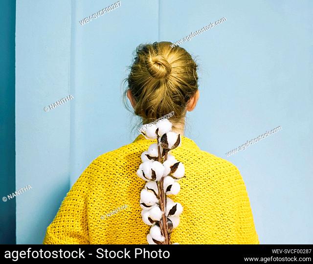 Woman with bun hairstyle holding cotton plant in front of blue wall