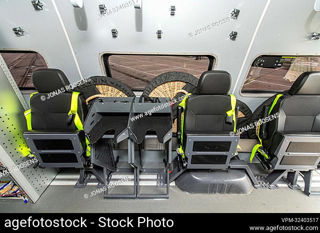 Illustration image shows the inside of a new police vehicle to transport people during a photo opportunity with police vehicles and uniformed officers from the...