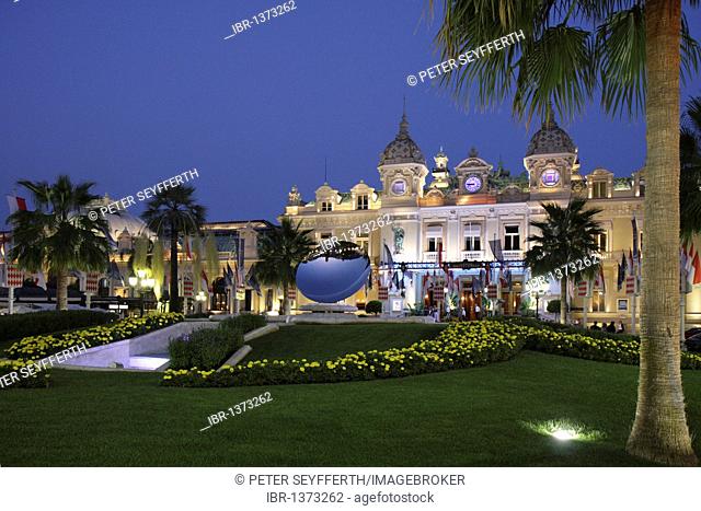 Monte Carlo Casino and Opera House at dusk, architect Charles Garnier, Principality of Monaco, Cote d'Azur, Europe