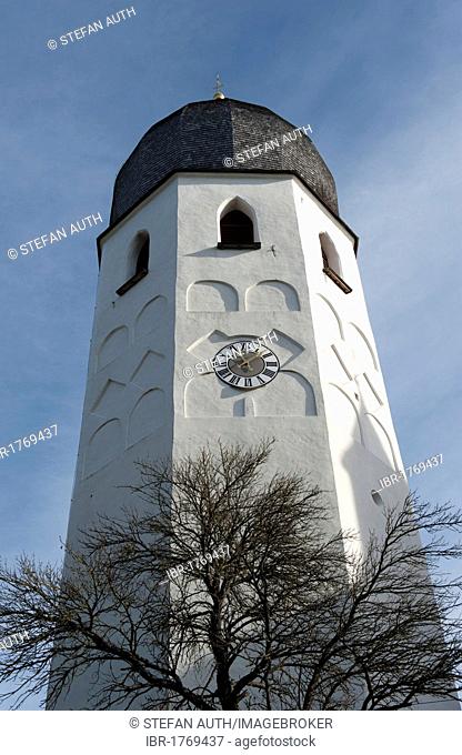 Church tower with clock, bell tower, the Benedictine monastery Frauenwoerth, Fraueninsel island, Lake Frauenchiemsee or Chiemsee, Chiemgau, Upper Bavaria