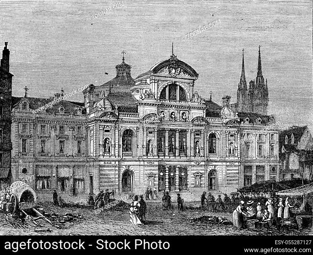 New Theatre of Angers, vintage engraved illustration. Magasin Pittoresque 1873