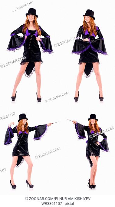Pretty girl in purple carnival clothing and hat isolated on white
